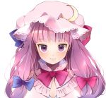  1girl bangs blue_ribbon blunt_bangs blush capelet crescent crescent_hair_ornament eyebrows eyebrows_visible_through_hair eyelashes frilled_capelet frills hair_ornament hair_ribbon hat hat_ribbon highres lavender_hat long_hair looking_at_viewer mob_cap neck_ribbon patchouli_knowledge pink_ribbon purple_hair purple_ribbon ribbon sanpaku shiny shiny_hair shiny_skin simple_background smile solo touhou tress_ribbon tsurime upper_body vanilla_(miotanntann) violet_eyes white_background 