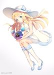  1girl :d :o bangs bare_arms bare_shoulders blue_bow blue_shoes blunt_bangs blush bow braid breasts collarbone cosmog dress dutch_angle full_body green_eyes hat hat_bow highres holding invisible_chair kneehighs leaning_forward legendary_pokemon lillie_(pokemon) long_hair looking_at_viewer niwashi_(yuyu) open_mouth pokemon pokemon_(creature) pokemon_(game) pokemon_sm see-through shoes simple_background sitting small_breasts smile solo straight_hair tareme twin_braids twitter_username very_long_hair white_dress white_hat white_legwear yellow_eyes 