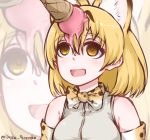  1girl animal_ears blonde_hair bow bowtie cat_ears disco_brando empty_eyes ice_cream_cone kemono_friends serval_(kemono_friends) serval_ears serval_print short_hair signature sleeveless zoom_layer 