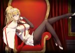  1girl absurdres artist_request between_breasts black_legwear blonde_hair blue_eyes breasts bridal_gauntlets chair duke_of_york_(zhan_jian_shao_nyu) gloves hairband hand_on_own_face high_heels highres large_breasts leg_lift legs long_hair looking_at_viewer necktie necktie_between_breasts pantyhose sitting smile solo thighband_pantyhose zhan_jian_shao_nyu 