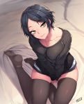  1girl artist_name bangs bed_sheet between_legs black_hair black_shirt breasts brown_legwear cleavage closed_mouth collarbone eyebrows_visible_through_hair from_above hand_between_legs hayami_kanade highres idolmaster idolmaster_cinderella_girls jjune large_breasts long_sleeves miniskirt no_shoes nose on_bed parted_bangs shirt short_hair sitting skindentation skirt sleeves_past_wrists smile solo taut_clothes taut_shirt thigh-highs yellow_eyes yokozuwari 