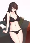  1girl 3: black-framed_eyewear black_bra black_hair black_panties blue_eyes book bra breasts cleavage closed_mouth desk glasses hair_between_eyes hairband holding izumu_(izm_gen) kantai_collection large_breasts long_hair looking_at_viewer navel ooyodo_(kantai_collection) panties pen semi-rimless_glasses simple_background sitting solo under-rim_glasses underwear underwear_only white_background 