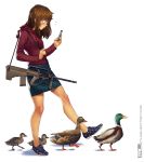  1girl animal assault_rifle bird blue_eyes blush brooke_(mleth) brown_hair bullpup cellphone commentary duck eyebrows_visible_through_hair flat_chest full_body gun highres mleth original phone plaid plaid_skirt rifle skirt smartphone solo steyr_aug surprised walking weapon white_background 