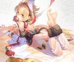  1girl anchira_(granblue_fantasy) artist_name ass barefoot blonde_hair blurry detached_sleeves feet food food_on_face from_behind fruit granblue_fantasy holy_pumpkin looking_back lying monkey_ears monkey_tail on_stomach open_mouth peach solo tail the_pose toes yellow_eyes 