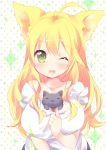  1girl :3 ;d =_= ahoge animal_ears arms_at_sides bangs between_breasts blonde_hair breasts cat cat_ears collarbone ech eyebrows_visible_through_hair green_eyes hair_between_eyes large_breasts long_hair looking_at_viewer one_eye_closed open_mouth original polka_dot polka_dot_background smile solo upper_body wavy_hair 