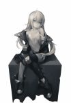  1girl ahoge boots expressionless female full_body g11_(girls_frontline) girls_frontline gyup91 hair_between_eyes highres jacket long_hair looking_at_viewer messy_hair monochrome solo tank_top thigh-highs very_long_hair 