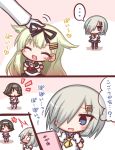  3girls black_serafuku blonde_hair blush blush_stickers brown_hair chibi comic hair_ornament hairclip hamakaze_(kantai_collection) kantai_collection lilywhite_lilyblack long_hair multiple_girls pantyhose school_uniform serafuku short_hair tagme tanikaze_(kantai_collection) translation_request white_hair yuudachi_(kantai_collection) 