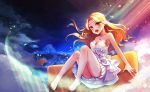  1girl :d barefoot blonde_hair breasts cleavage crescent dress eunyeon flying full_body jewelry legs looking_at_viewer medium_breasts necklace night open_mouth sitting smile solo star strapless strapless_dress yellow_eyes 