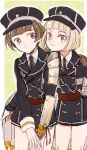  2boys armor bob_cut brown_eyes brown_hair eko_(3193233) hat hirano_toushirou japanese_armor kote maeda_toushirou male_focus military military_uniform multiple_boys necktie shorts smile sode touken_ranbu uniform 