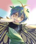  1girl blue_hair blush butterfly_wings etarnity_larva hand_on_own_face hidden_star_in_four_seasons leaf_clothing looking_at_viewer short_hair solo touhou wings wreath yellow_eyes 