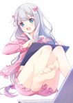  1girl 2017 angry artist_name bangs barefoot blue_eyes blush bow clouble computer dated drawing_tablet eromanga_sensei eyebrows_visible_through_hair feet frilled_sleeves frills hair_bow hands_up highres holding holding_pen izumi_sagiri knees_up laptop leg_up long_hair long_sleeves looking_at_viewer low-tied_long_hair open_mouth pajamas pink_bow sidelocks silver_hair simple_background soles solo stylus toenails toes upper_teeth very_long_hair white_background 