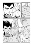  1boy 1girl bulma clenched_teeth closed_eyes comic crying dragon_ball dragon_ball_super hair_tubes hand_on_another&#039;s_head monochrome pesogin ponytail smile streaming_tears tears teeth translation_request vegeta what_if wrinkles 