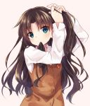  1girl adjusting_hair arms_up black_hair blue_eyes cowboy_shot cute fate/stay_night fate_(series) long_hair long_sleeves looking_at_viewer moe mouth_hold nonono school_uniform solo sweater tohsaka_rin tying_hair upper_body 