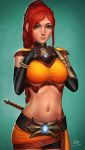  1girl belt braid cassie_(paladins) cowboy_shot fingerless_gloves freckles gloves green_eyes hands_on_own_chest highres long_hair looking_at_viewer midriff mirco_cabbia paladins redhead smile solo 