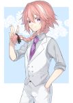  1boy alternate_costume braid citron_82 fate/apocrypha fate_(series) formal hand_in_pocket long_hair looking_at_viewer male_focus necktie pink_hair rider_of_black single_braid smile solo suit waistcoat 
