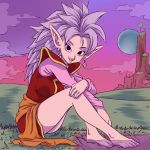  1girl barefoot black_eyes clouds dragon_ball dragonball_z earrings from_side full_body grass highres jewelry looking_at_viewer mountain nishi_no_kaioushin pink_skin plague_of_gripes planet pointy_ears potara_earrings purple_hair soaking_feet solo tree 