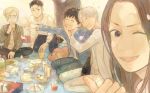  1girl 4boys ^_^ beer_can black_hair blush bottle brown_hair can cherry_blossoms chopsticks closed_eyes cup dango dog drinking_glass drunk food green_eyes grey_eyes indian_style katsuki_yuuri makkachin mole mole_under_eye multiple_boys nita_(msre27) okukawa_minako one_eye_closed onigiri open_mouth otabek_altin petals picnic plate ponytail sanshoku_dango seiza silver_hair sitting smile viktor_nikiforov wagashi watch watch wine_bottle yuri!!!_on_ice yuri_plisetsky 