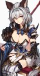  1girl animal_ears black_gloves boots braid breasts brown_eyes cleavage erun_(granblue_fantasy) gloves granblue_fantasy hair_between_eyes hair_tubes hairband heles highres large_breasts long_hair looking_at_viewer outstretched_hand oyu_(sijimisizimi) pauldrons polearm silver_hair simple_background single_braid single_glove sitting smile solo thigh-highs thigh_boots very_long_hair weapon white_background white_legwear 