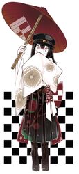  1girl akitsu_maru_(kantai_collection) alternate_costume black_hair boots brown_eyes covering_mouth hat japanese_clothes kantai_collection kimono long_hair mato_tsuyoi oriental_umbrella smile solo umbrella 