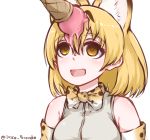  1girl animal_ears blonde_hair bow bowtie cat_ears disco_brando empty_eyes ice_cream_cone kemono_friends serval_(kemono_friends) serval_ears serval_print short_hair signature sleeveless 