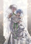  2girls alternate_hairstyle bare_shoulders blue_eyes blue_hair bouquet breasts bride choker cleavage closed_mouth collarbone colored_eyelashes detached_collar dress elf emilia_(re:zero) eyebrows_visible_through_hair flower full_body gem hair_flower hair_ornament hair_up head_tilt high_heels highres kabane_(follabi) leg_up looking_at_viewer medium_breasts multiple_girls pantyhose pointy_ears re:zero_kara_hajimeru_isekai_seikatsu rem_(re:zero) rose shoes silver_hair smile sparkle standing strapless strapless_dress veil violet_eyes wedding_dress white_dress white_legwear white_rose white_shoes wife_and_wife 
