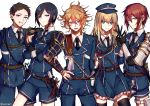  5boys armor atsushi_toushirou black_gloves black_hair black_legwear blonde_hair blue_eyes brown_eyes brown_hair dress gloves gotou_toushirou green_eyes grey_eyes grin hand_on_hip japanese_armor kote male_focus midare_toushirou military military_uniform multicolored_hair multiple_boys necktie open_mouth redhead shinano_toushirou shorts smile sode streaked_hair suna_(sngm025) thigh-highs touken_ranbu trap uniform violet_eyes yagen_toushirou 