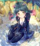 1girl blue_hair blush breasts catsuit cleavage collarbone from_above hippopotamus_(kemono_friends) hippopotamus_ears kemono_friends large_breasts long_hair looking_at_viewer multicolored_hair naka_akira open_clothes partially_submerged pink_hair pool sitting smile solo wariza yellow_eyes 