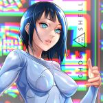  1girl alcoholrang aqua_eyes black_hair bodysuit breasts copyright_name erect_nipples ghost_in_the_shell ghost_in_the_shell_(2017) impossible_bodysuit impossible_clothes kusanagi_motoko medium_breasts parted_lips solo upper_body 