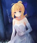  1girl ahoge bare_shoulders blonde_hair blush bow breasts detached_sleeves elbow_gloves fate/stay_night fate_(series) gloves green_eyes hair_bow highres long_hair looking_at_viewer nonono ponytail saber small_breasts solo sweatdrop translation_request 