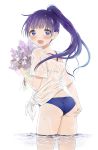 1girl absurdres ass bikini bikini_under_clothes blue_bikini blue_eyes cyonmage flower from_behind highres long_hair looking_at_viewer looking_back open_mouth original ponytail purple_hair see-through shirt simple_background solo swimsuit t-shirt tied_shirt wading white_background 