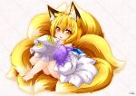  1girl animal_ears barefoot blonde_hair fang fox_ears fox_tail hat hat_removed headwear_removed highres kazami_karasu looking_at_viewer mob_cap multiple_tails open_mouth short_hair solo tail touhou wide_sleeves yakumo_ran yellow_eyes 