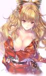  1girl alternate_costume artist_name bangs blonde_hair blush bow bowtie breasts cleavage crossed_arms eyebrows_visible_through_hair granblue_fantasy hair_ornament japanese_clothes kimono kimono_pull large_breasts long_hair looking_at_viewer min-naraken obi open_mouth red_eyes red_kimono sash signature simple_background smile solo vira white_background 