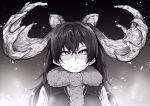  1girl animal_ears antlers commentary_request greyscale highres kemono_friends long_hair monochrome moose_(kemono_friends) moose_ears scarf solo uneven_eyes upper_body yonyon_(yotayota_honpo) 