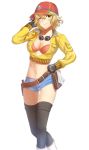  1girl baseball_cap blonde_hair blush breasts cidney_aurum cleavage cropped_jacket final_fantasy final_fantasy_xv gloves goggles goggles_around_neck green_eyes hat large_breasts looking_at_viewer midriff navel one_eye_closed short_hair short_shorts shorts smile solo standing thigh-highs yunelala 