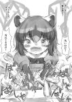  1girl animal_ears blush bow common_raccoon_(kemono_friends) d: eyebrows_visible_through_hair fangs faucet gloves greyscale ikkomon kemono_friends money monochrome open_mouth puffy_short_sleeves puffy_sleeves raccoon_ears shirt short_hair short_sleeves sink solo_focus sweat tearing_up translation_request unhappy 