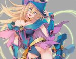  1girl :d bare_shoulders belt blonde_hair blue_eyes blush_stickers breasts cape choker cleavage dark_magician_girl gem groin hat hat_tip highleg hips hyocorou large_breasts long_hair looking_at_viewer nail_polish off_shoulder open_mouth pentagram pink_nails pink_skirt skirt smile solo staff vambraces very_long_hair wizard_hat yu-gi-oh! 