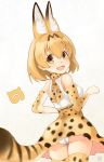  1girl :d animal_ears artist_name ashiya_hiro ass bangs blonde_hair brown_eyes brown_gloves brown_legwear cat_ears elbow_gloves eyebrows_visible_through_hair from_behind gloves hair_between_eyes highres japari_symbol kemono_friends looking_at_viewer looking_back open_mouth panties serval_(kemono_friends) serval_print short_hair signature smile solo tail thigh-highs thighs underwear white_panties 