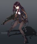  1girl black_gloves boots breasts brown_legwear character_name cropped_jacket full_body girls_frontline gloves gradient gradient_background gun kuro_(kuronell) long_hair medium_breasts necktie one_side_up pantyhose purple_hair rifle sidelocks simple_background sniper_rifle solo thighband_pantyhose trigger_discipline very_long_hair violet_eyes wa2000_(girls_frontline) weapon 