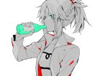  1girl armor bottle citron_82 drink drinking eyebrows_visible_through_hair fate/apocrypha fate_(series) green_eyes long_hair long_sleeves monochrome ponytail saber_of_red solo spot_color 