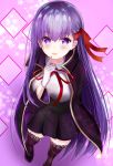  1girl bb_(fate/extra_ccc) black_legwear breasts dress fate/extra fate/extra_ccc fate_(series) gloves hair_ribbon highres lace lace-trimmed_thighhighs large_breasts long_hair purple_hair red_ribbon ria_(riarea00) ribbon solo thigh-highs very_long_hair violet_eyes white_gloves 