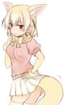  1girl :3 animal_ears black_hair blonde_hair blush breast_pocket brown_eyes cowboy_shot eyebrows_visible_through_hair eyelashes fennec_(kemono_friends) finger_to_chin fox_ears fox_tail from_behind from_side fur_trim gloves hair_between_eyes hand_on_hip index_finger_raised jitome kemono_friends looking_at_viewer motion_lines multicolored_hair nagami_yuu neck_ribbon pink_sweater pleated_skirt pocket puffy_short_sleeves puffy_sleeves ribbon short_hair short_sleeve_sweater short_sleeves simple_background sketch skirt smile solo sweater tail thigh-highs white_background white_hair white_skirt yellow_gloves yellow_legwear yellow_ribbon zettai_ryouiki 