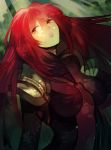  1girl armor bodysuit breasts fate/grand_order fate_(series) head_tilt highres long_hair looking_at_viewer medium_breasts naoko_(juvenile) parted_lips pauldrons purple_bodysuit red_eyes redhead scathach_(fate/grand_order) shoulder_armor solo upper_body 