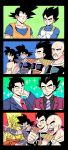  4koma abs alternate_hairstyle armlet armor bald broly circlet clenched_hands collarbone comic crossed_arms dougi dragon_ball dragonball_z earrings facial_hair formal frown gaijin_4koma gloves highres jewelry muscle mustache nappa neck_ring necktie one_eye_closed open_mouth pesogin pointing raditz shoulder_armor smile son_gokuu sparkle striped striped_necktie suit super_saiyan tullece vegeta white_gloves 