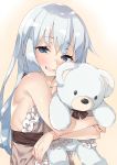  1girl :d blue_eyes breasts ebifurya gradient gradient_background hibiki_(kantai_collection) highres kantai_collection lingerie negligee object_hug open_mouth silver_hair simple_background small_breasts smile solo stuffed_animal stuffed_toy teddy_bear underwear underwear_only 