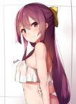  1girl arms_behind_back blush bow commentary_request from_side hair_bow highres kamikaze_(kantai_collection) kantai_collection long_hair looking_at_viewer looking_back orihi_chihiro purple_hair smile solo swimsuit twitter_username upper_body violet_eyes white_background 