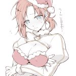  1girl blue_eyes blush boudica_(fate/grand_order) breasts citron_82 cleavage cowboy_shot fate/grand_order fate_(series) hat large_breasts long_sleeves looking_at_viewer ponytail redhead santa_hat short_hair smile solo translation_request upper_body 
