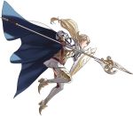  1girl armor boots braid cape crown_braid fire_emblem fire_emblem_heroes full_body gloves highres holding holding_weapon kozaki_yuusuke long_hair low_ponytail official_art open_mouth polearm serious sharena shield skirt solo spear thigh-highs thigh_boots transparent_background weapon zettai_ryouiki 