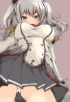  1girl beret black_hat breasts gloves grey_eyes hat highres kantai_collection kashima_(kantai_collection) long_sleeves looking_at_viewer looking_down military military_uniform miniskirt neckerchief pleated_skirt silver_hair skirt thigh-highs twintails underwear uniform white_gloves 