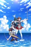  2girls a.x. absurdres akagi_(kantai_collection) bird black_legwear blue_skirt blush bow brown_eyes brown_hair day flight_deck highres japanese_clothes kaga_(kantai_collection) kantai_collection long_hair multiple_girls muneate ocean one_knee outdoors parted_lips quiver red_skirt seagull short_hair side_ponytail skirt sky standing standing_on_liquid straight_hair thigh-highs white_legwear wide_sleeves 