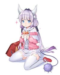  1girl absurdres backpack bag black_hairband blue_eyes crepe dragon_horns dragon_tail eating eyebrows_visible_through_hair food hairband highres horns kanna_kamui kobayashi-san_chi_no_maidragon lavender_hair long_hair looking_at_viewer randoseru simple_background sitting skirt solo sparkle taemin tail thigh-highs twintails wariza white_background white_legwear white_skirt zettai_ryouiki 